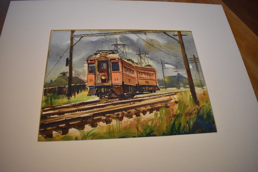 David Tutwiler Original Watercolor Train: David Tutwiler (American, 1952) Train Watercolor, signed lower right 1977, matted not framed. Measures 10.5" x 14"