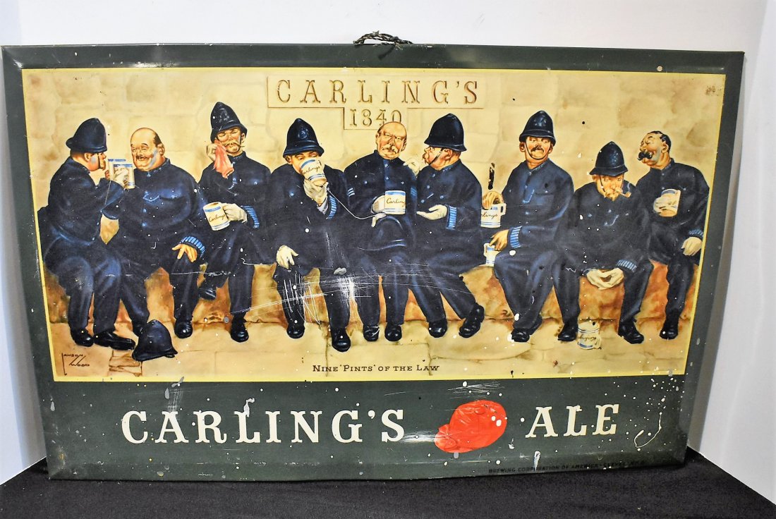 Original Carling's Ale Sign: Original Carling's Ale "Nine Pints of the Law" Sign, measures 20" X 13"