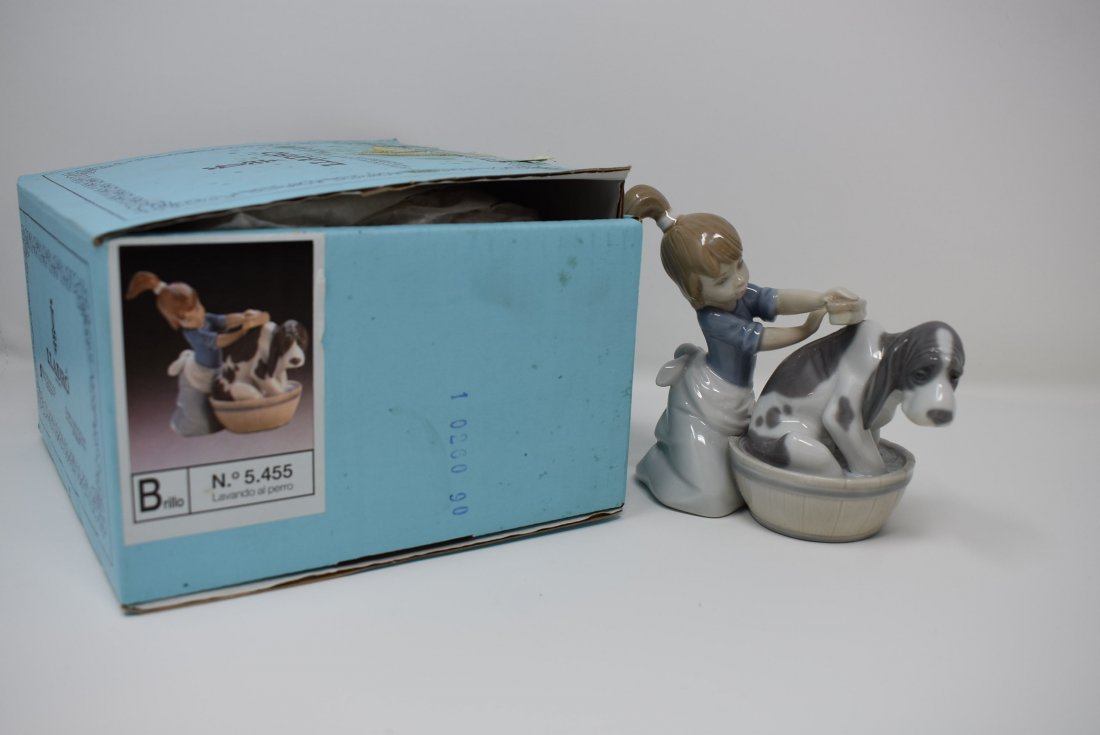Retired Lladro 5455 "Bashful Bather": Retired Lladro 5455 "Bashful Bather" Girl washing a Dog, measures 5" tall.