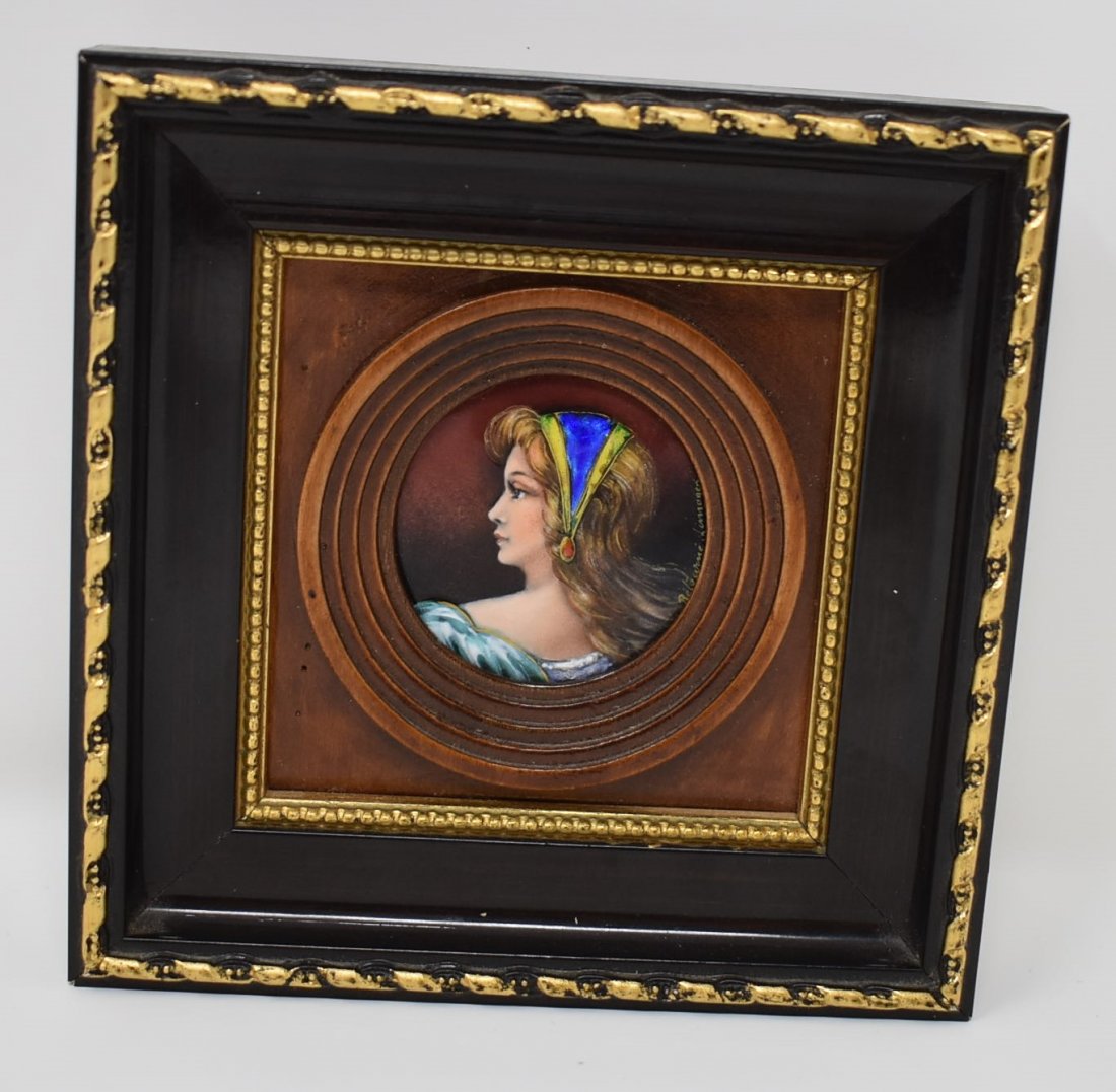 Limoges France Betourne Studios Enamel Copper Painting: Signed and inscribed "Betourne Limoges France", lower Right, also with label on reverse from the Betourne Studios. In an ornate gold leaf frame. This type of enamel painting requires approx. 300 hours