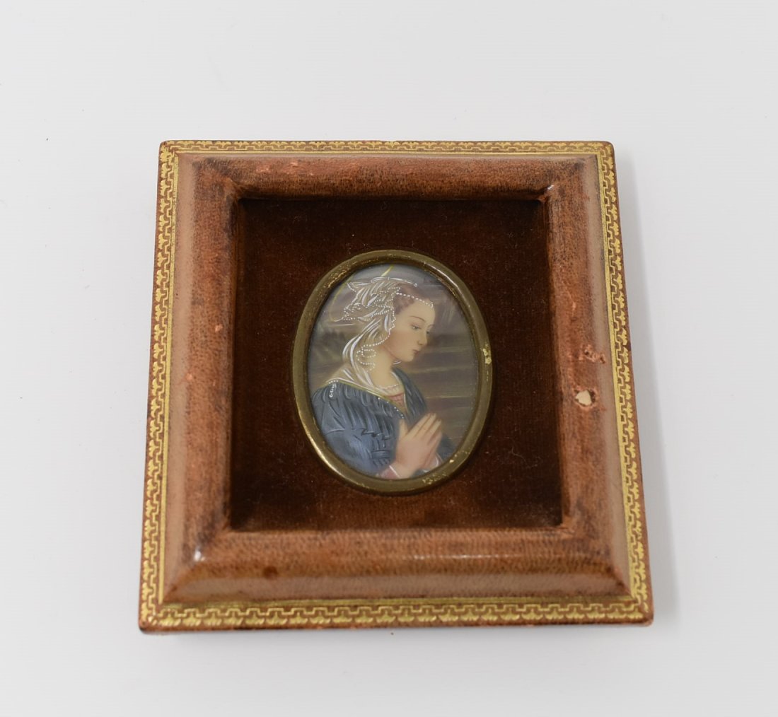 Antique Hand-Painted Woman on Vellum: Beautiful hand-painted woman on vellum, measures 3.5" x 3.5" framed