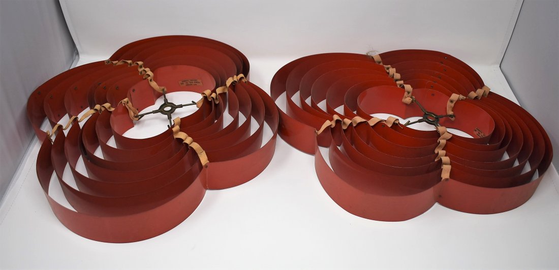 Pair of Mid-Century Premco Venetian Lamp Shades: A Pair of Vintage Mid-Century Premco Chicago Metal Venetian Lamp Shades, measure 16" x 14" and fold out to be 10" tall. Both have original labels.