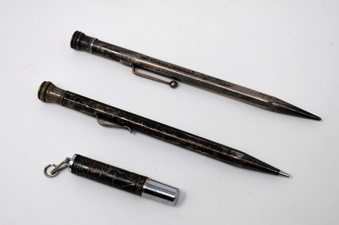 Group of 3 Vintage Silver Mechanical Pencils Sterling: A lot of 3 Vintage Mechanical Pencils including: Jerusalem Sterling Pencil, Ingersoll Rolled Silver and Wahl Silver Plate.