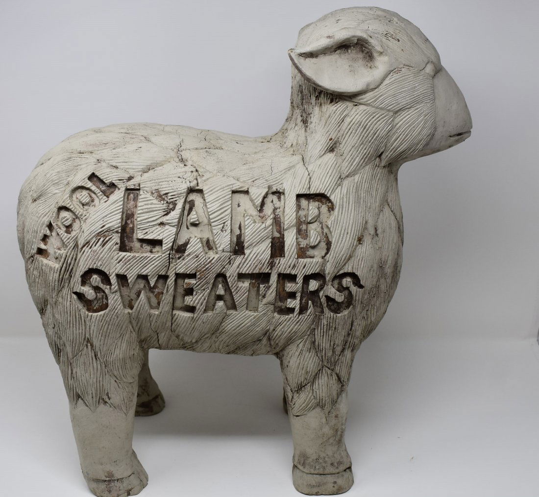 Carved Wood Lamb Wool Sweater Advertising: Large Carved Wood Lamb "Wool Lamb Sweaters". Measures 18\" tall x 16" long.
