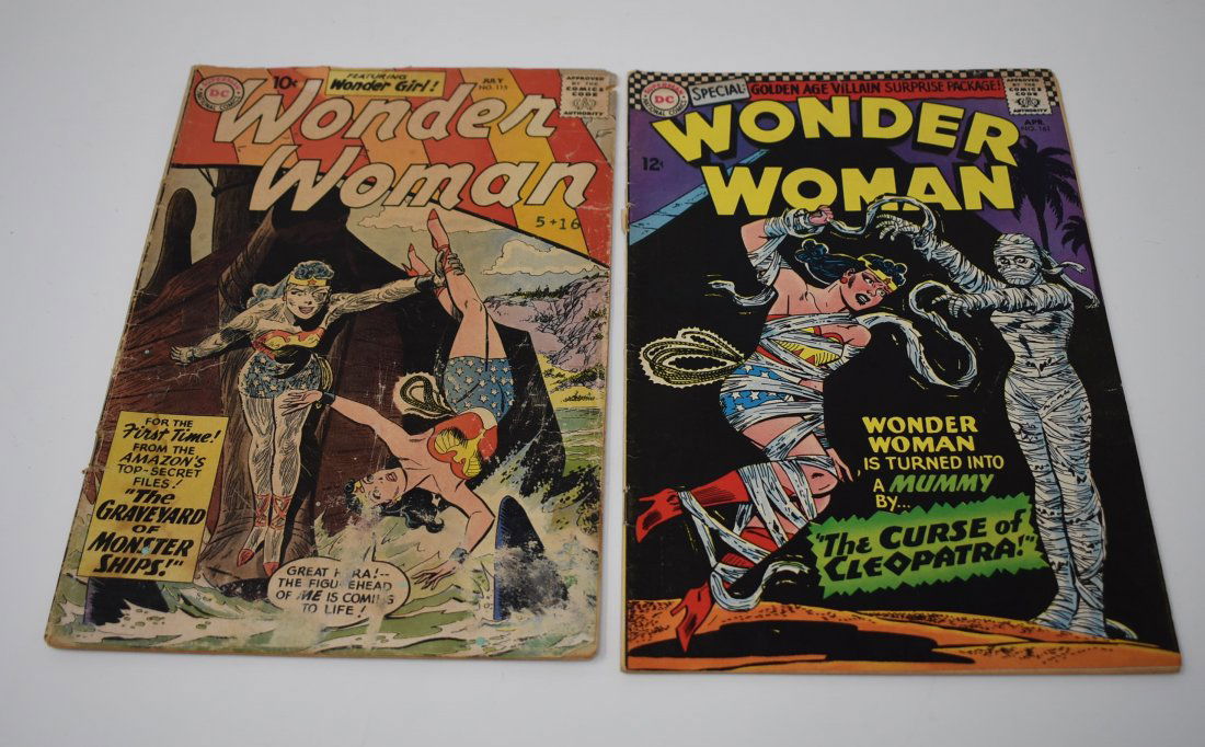 Wonder Woman #115 (10 cent) & 161 Classic Bondage Cover: 2 issues of Wonder Woman Comics #115 in Low Grade with cover stamp and possible water damage & 161 classic bondage cover in mid-grade range with some spine splitting - please see pictures and determin