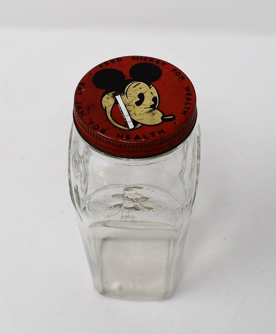 Vintage Mickey Mouse "For Wealth" Jar Bank: Vintage 1930's Mickey Mouse "Feed Mickey for Wealth, Eat Jam for Health" Jam Jar/Bank. measures 6" tall