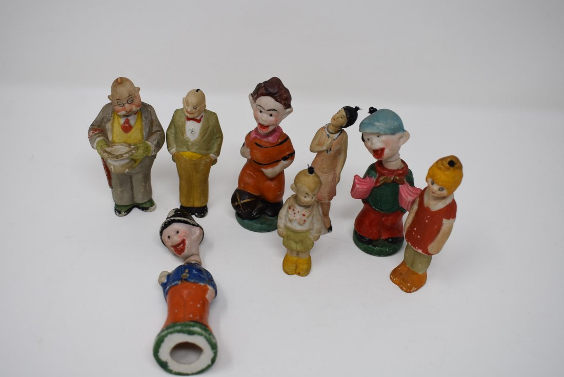 8 Early Comic Bisque Nodders Including Orphan Annie (1 of 2)