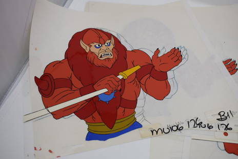 11 MOTU HE-Man Beastman Production Animation Cels: 11 MOTU Masters of the Universe HE-Man Beastman Production Used Hand Painted Animation Cels in original Filmation Studios Folder with sketches and production storyboards