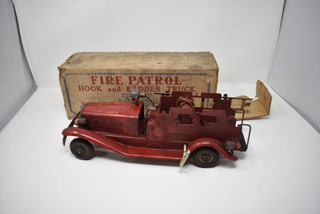 Vintage Girard Pressed Steel Fire Truck Wind-Up w Box: Vintage Girard Model Works Pressed Steel Wind-Up Fire Truck with Original Box, measures 14" long, Works.