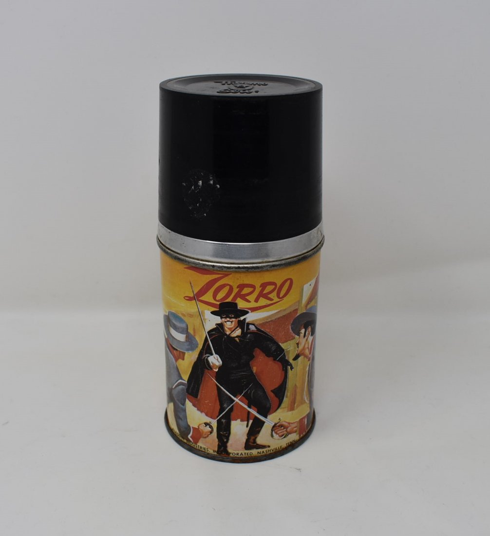 Zorro Aladdin 1950's Themos Thermo Serv TV Show: Zorro Aladdin 1950's Themos Thermo Serv - as-is condition, please see photos - cap is loose fitting due to aging of the plastic - some spotting of surface rust and sound of rust moving around inside -