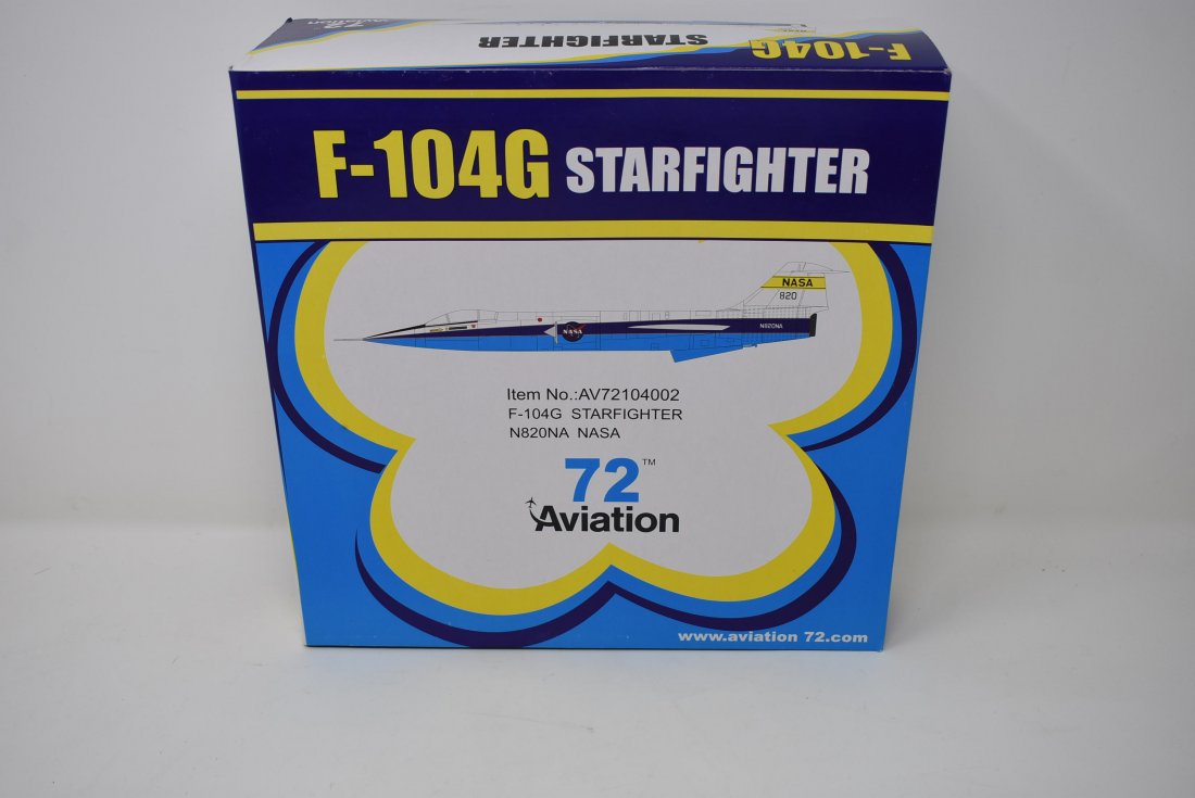 Die-Cast NASA F-104G Starfighter Jet NEW IN BOX: 72 Aviation Die-Cast NASA F-104G Starfighter Jet, AV72104002. It comes brand new in box.
