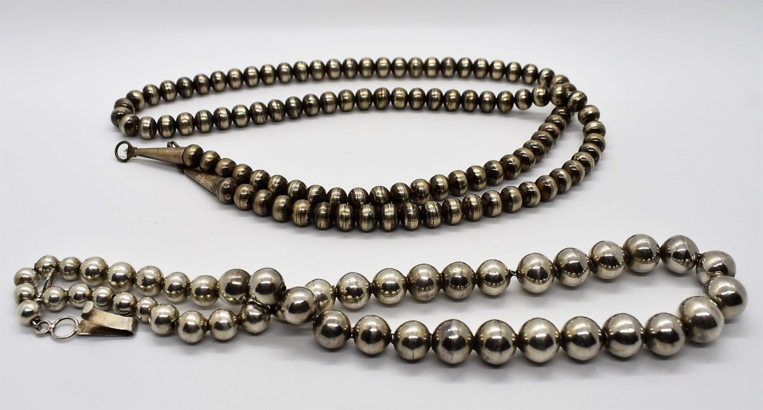 Group of 2 Sterling Silver Beaded Necklaces: Lot of 2 Southwestern Sterling Silver Bead Necklaces, 30" and 18"