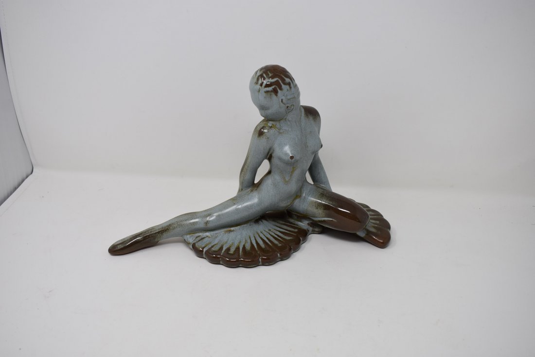 Frankoma Pottery Art Deco Nude Fan Dancer in Blue -Rare: Frankoma Pottery Art Deco Nude Fan Dancer in Blue - Rare - Blue Glaze, Ada Clay. Great nude figure in a blue and brown Glaze with original sticker on the base. it is approximately 8 1/2" Tall, 13" lon