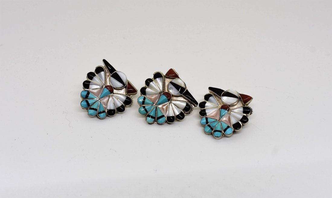 Sterling & Stones Thunderbird Brooch & Earrings: Sterling Silver, Turquoise, Coran, Onyx and Mother of Pearl Thunderbird Pin and Earrings Set. 1.5"