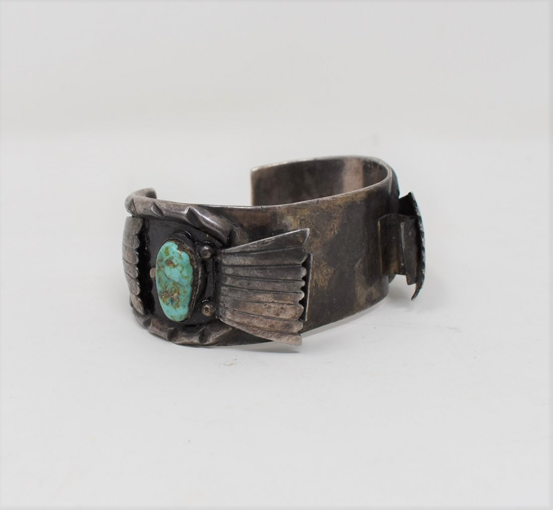 Native American Navajo signed H. S Sterling Watch Cuff: Native American Navajo Signed H.S. Sterling Silver & Turquoise Cuff Bracelet watch holder - very heavy - Nice craftsmanship and great nuggets of Turquoise -- see photos for condition