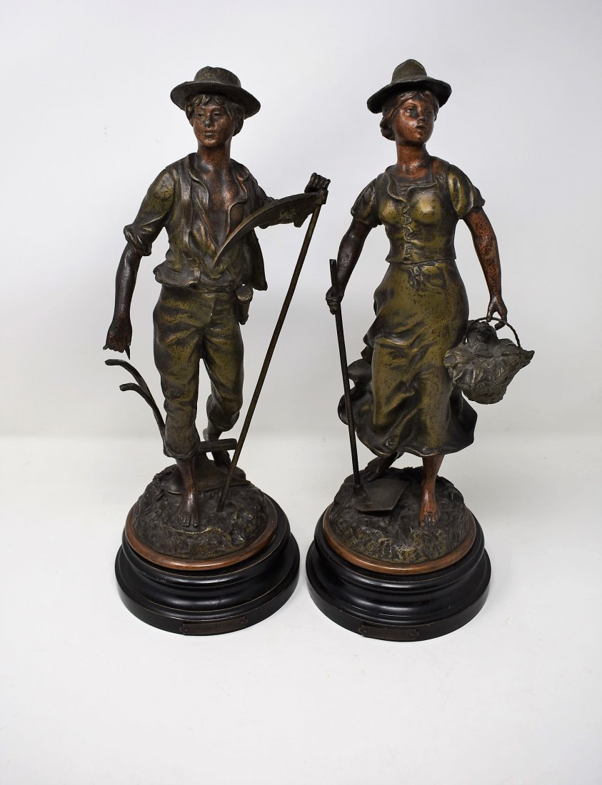Pair of Ernest Rancoulet Statues - Sarcleuse & Labourer: Pair of Ernest Rancoulet Statues - including Sarcleuse & Labourer (cracks in Plow handle shown in Pics) they appear to be made of spelter, 16" tall.