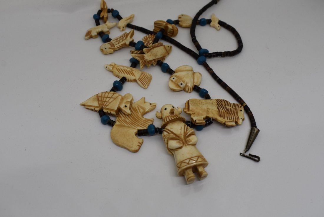 Hand Carved Bone Kachina and Animal Fetish Necklace: Hand Carved Bone Kachina and Animal Fetish Necklace with Beads and Sterling Fittings, 32"