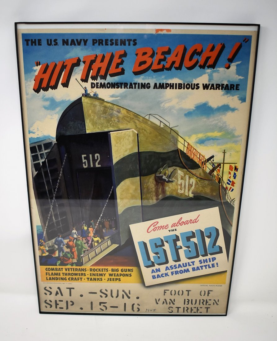 1945 HIT THE BEACH LST-512 ORIGINAL WWII NAVY POSTER: The US Navy Presents "HIT THE BEACH!" Demonstrating Amphibious Warfare Poster - Come Aboard the LST-512 an Assault Ship Back for Battle - ORIGINAL WWII NAVY POSTER Poster Us Government Printing Office