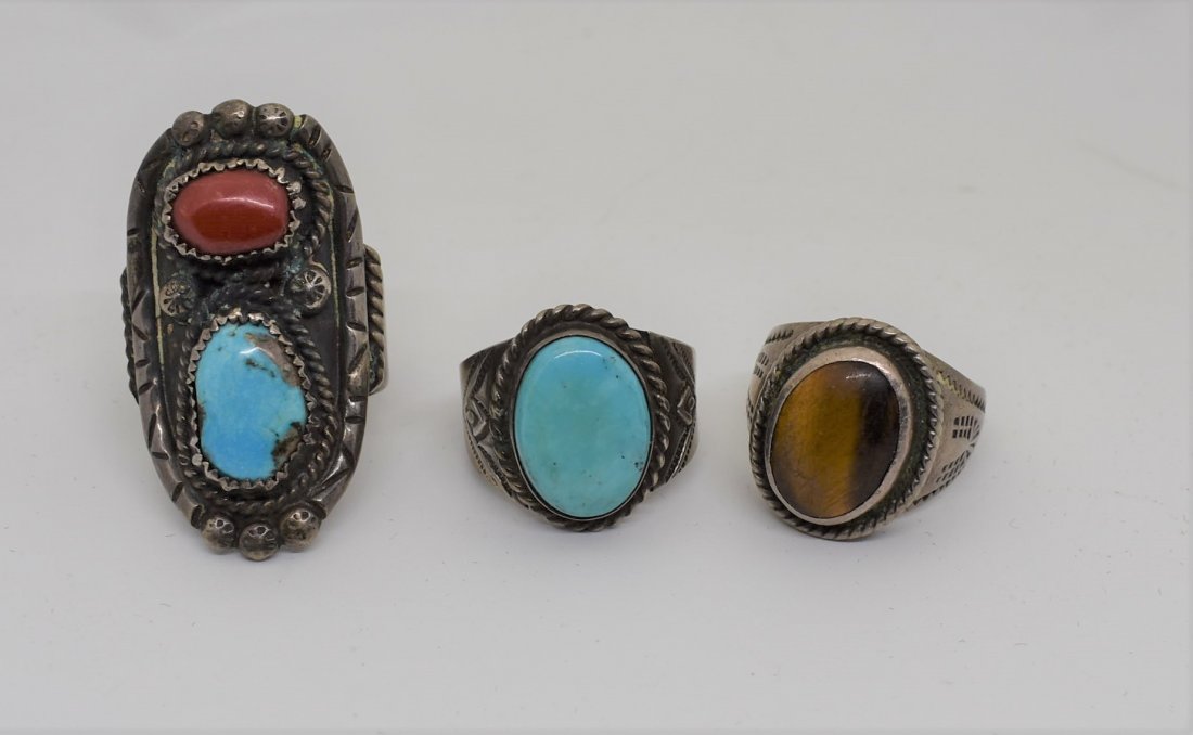 Lot of 3 Men's Sterling Silver and Stones Rings: A Group of 3 Men's Sterling Silver with Turquoise and other Stones Rings, sizes are 10, 11.5 and 14.