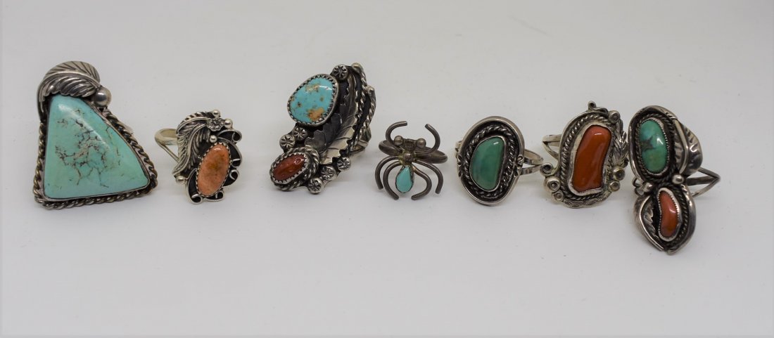 Group of 7 Sterling Silver & Turquoise Women's Rings: A Lot of 7 Sterling Silver with Turquoise and Other Stones Rings, sizes range from 6-10.5