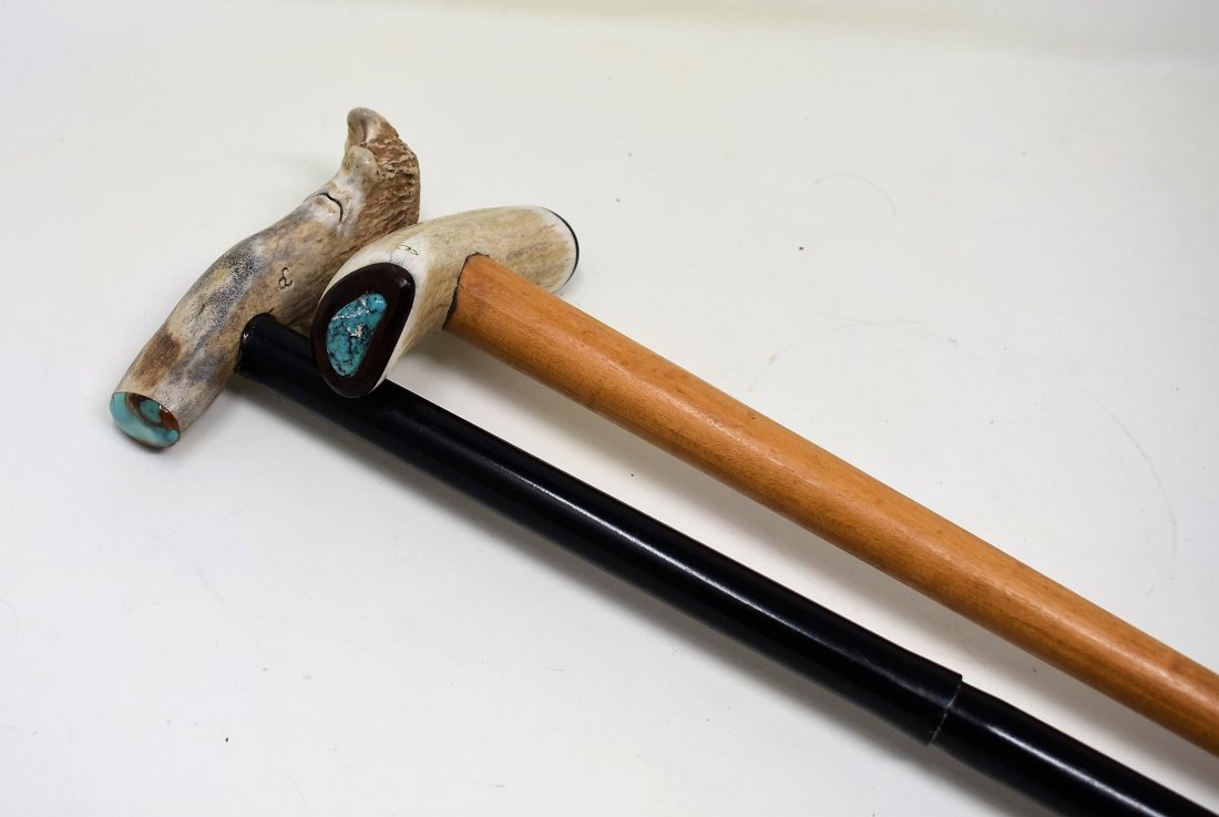 2 Native American Carved Canes w Turquoise: A Lot of Native American Canes with Carved Handles, both have turquoise stones.