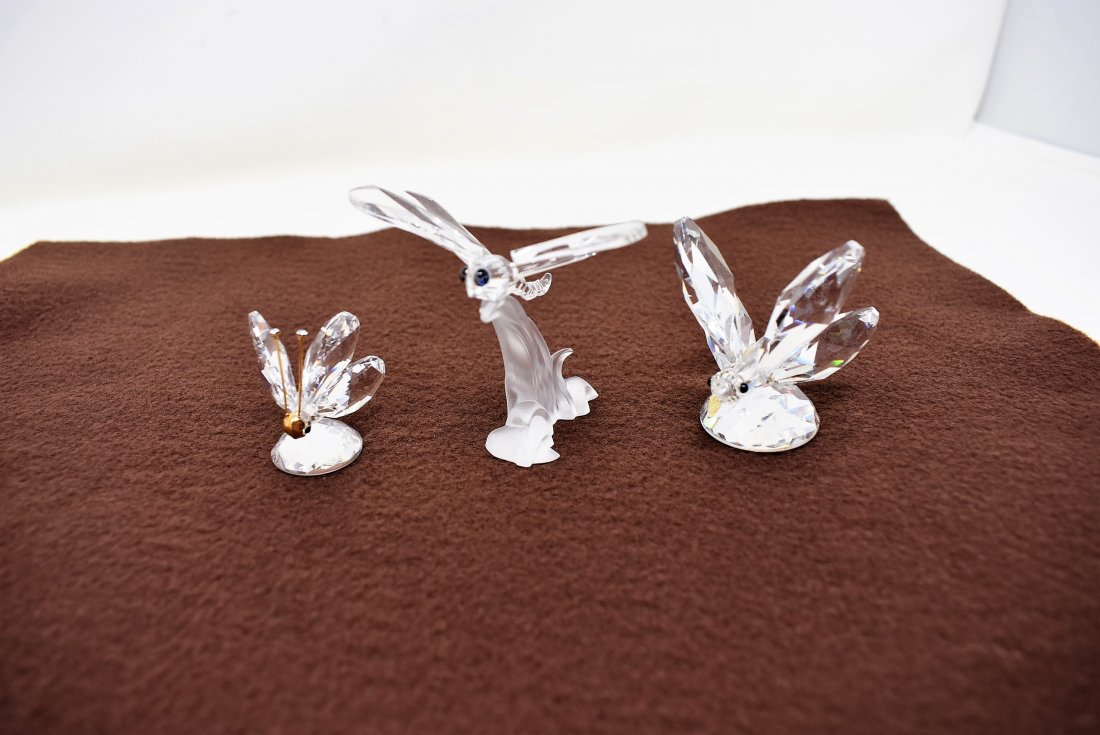 Group of Swarovski Crystal\ Butterfly and Dragonfly: A Group of 3 Swarovski Crystal Figures, 2 Butterflies and a Dragonfly.