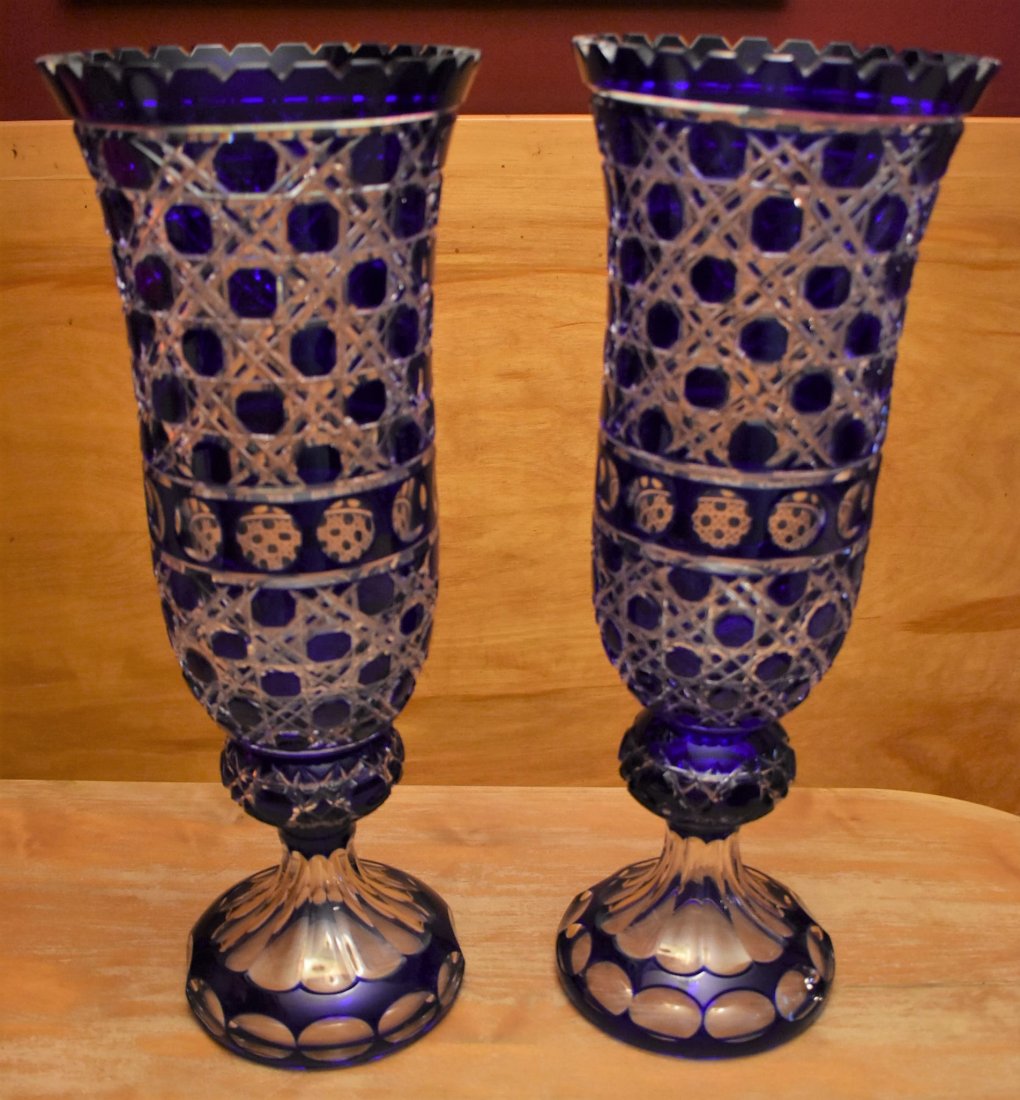 2 HUGE Cobalt Blue Bohemian Cut Glass Vases: Pair of 2 Large Cobalt Blue and Clear Cut Glass Vases, measure 20.75" tall.