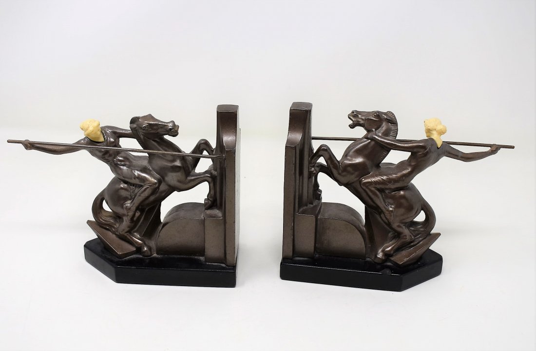 JB Hirsch Art Deco Bookends: JB Hirsch Lancelette Lady on Horse Bookends with Celluloid Head, measures 6" tall.