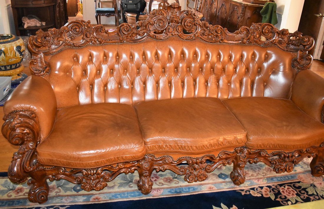 Antique Carved 3 pc Sofa Set Perrins Estate (Lea & Perr: Antique Carved Leather Sofa and 2 Chairs Set. This amazing set was purchased at the Perrins Estate (Lea & Perrins Worcestershire Sauce) in England years ago. Sofa 46" high x 92" longCharis 45" high x