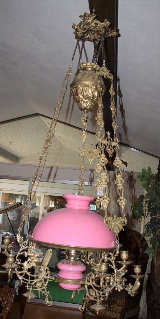 Antique Brass & Pink Glass Hanging Oil Lamp: Beautiful, Elaborate Antique Brass and Pink Glass Hanging Oil Lamp, measures 56"