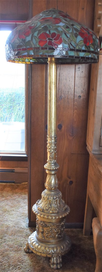 Large Carved Wood Stained Glass Lamp: Carved Stained Glass Floor Lamp, measures 67" high, shade is approx. 24" in diameter