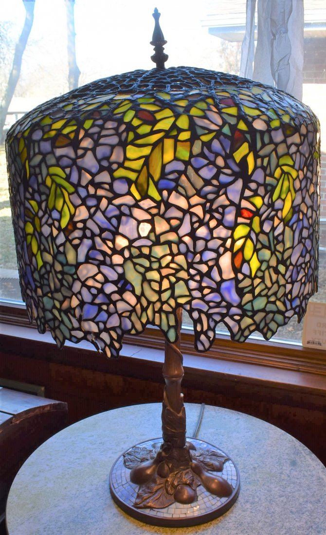 Beautiful Stained Glass Table Lamp: Beautiful Stained Glass Table Lamp, measures 30" high, shade is approx. 18" in diameter