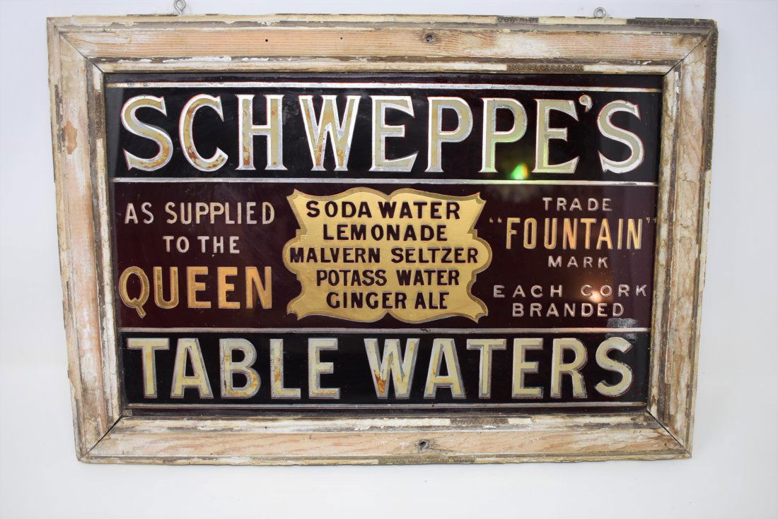 Antique Schweppe's England Reverse Painted Glass Sign: Antique Schweppe's English Reverse Painted Glass Sign Advertising, measures 16" x 11.5"