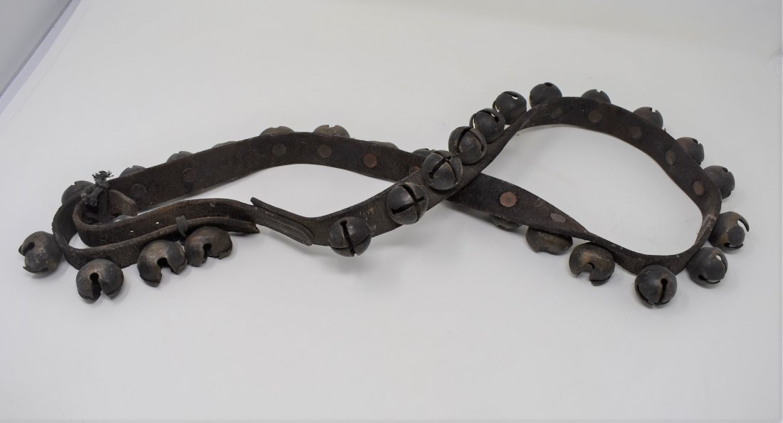 Vintage Sleigh Bells on Leather Strap: Vintage Sleigh Bells on Leather Strap, measures 50"
