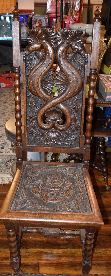 Antique Carved Chair Intricate & Beautiful: Beautifully Carved Antique English Chair, Back is engraved "Designed By Cochran, Overdale" and "Carved By 1899-1900". Difficult to read carved by name. Measures 49.5" high x 17" deep.