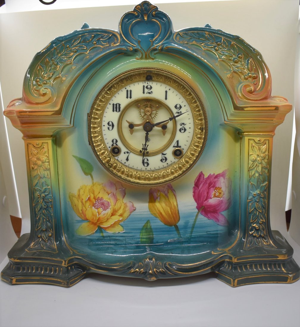 Large Royal Bonn Ansonia Porcelain Mantle Clock La Orb: Beautiful Larger Royal Bonn Ansonia La Orb Porcelain Mantle Clock, measures 12.5" x 13.5"