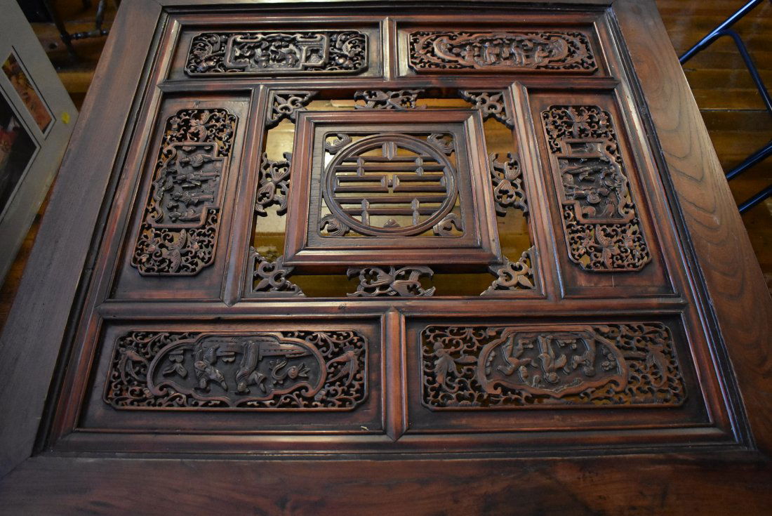 Highly Carved Asian Coffee Table: Beautiful Carve Asian Coffee Table, measures 38" x 38" x 20". Includes glass insert