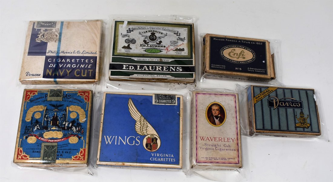 7 Vintage unused Cigarette Packs 1900-1940: this lot contains 7 Vintage unused Cigarette Packs 1900-1940's including: Navy Cut Virginia Cigarettes, Ed. Laurens (open 10 left), Wings Virginia Cigarettes (seal broken), Superfinos (seal Broken), D
