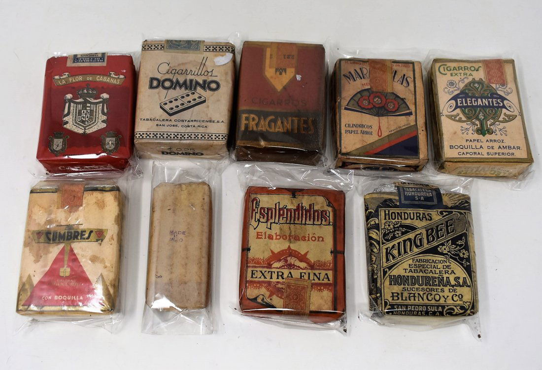 9 unused Cigarette Packs 1900-1940: lot of 9 unused Cigarette Packs 1900-1940's lot includes: Cigarros Fragantes, Marialas(?), Cabanas, Cumbres, Cigarrillos Domino, Elegantes, Esplendidos, King Bee, & a pack simply marked "Made in Iraq"
