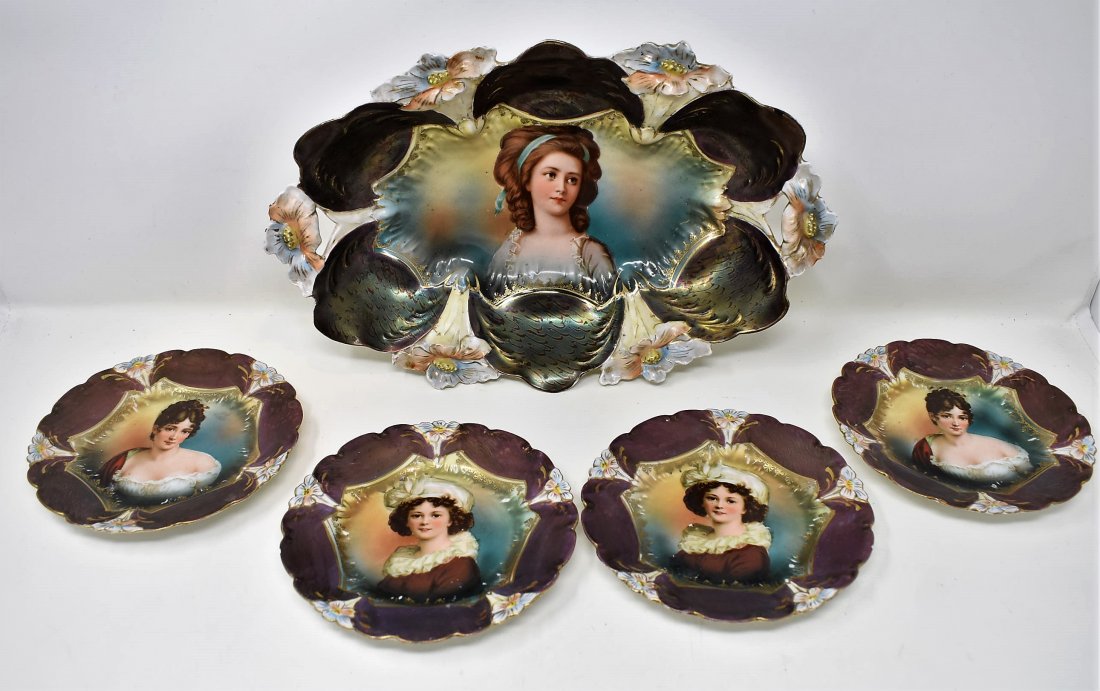 Group of 5 R.S. Prussia Portrait Bowl & Plates: A Group of 5 RS Prussia Portrait Bowl and Cake Plates, The bowl measures 12.5" x 8.25" and features "Countess Potochu". The 4 plates measure 6" in diameter with two of them showing "Madame Recamie". A