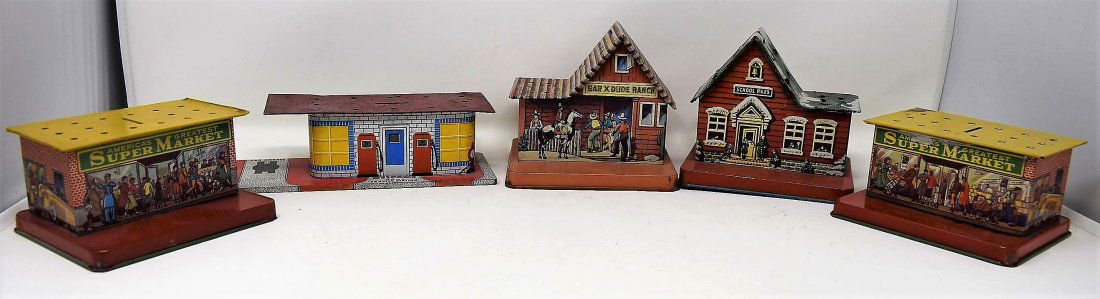 Group of 5 Vintage Tin Litho Banks: A Lot of 5 Vintage Tin Litho Banks, 2- America's Greatest Super Market, School P.S.23, Service Station and Bar X Dude Ranch