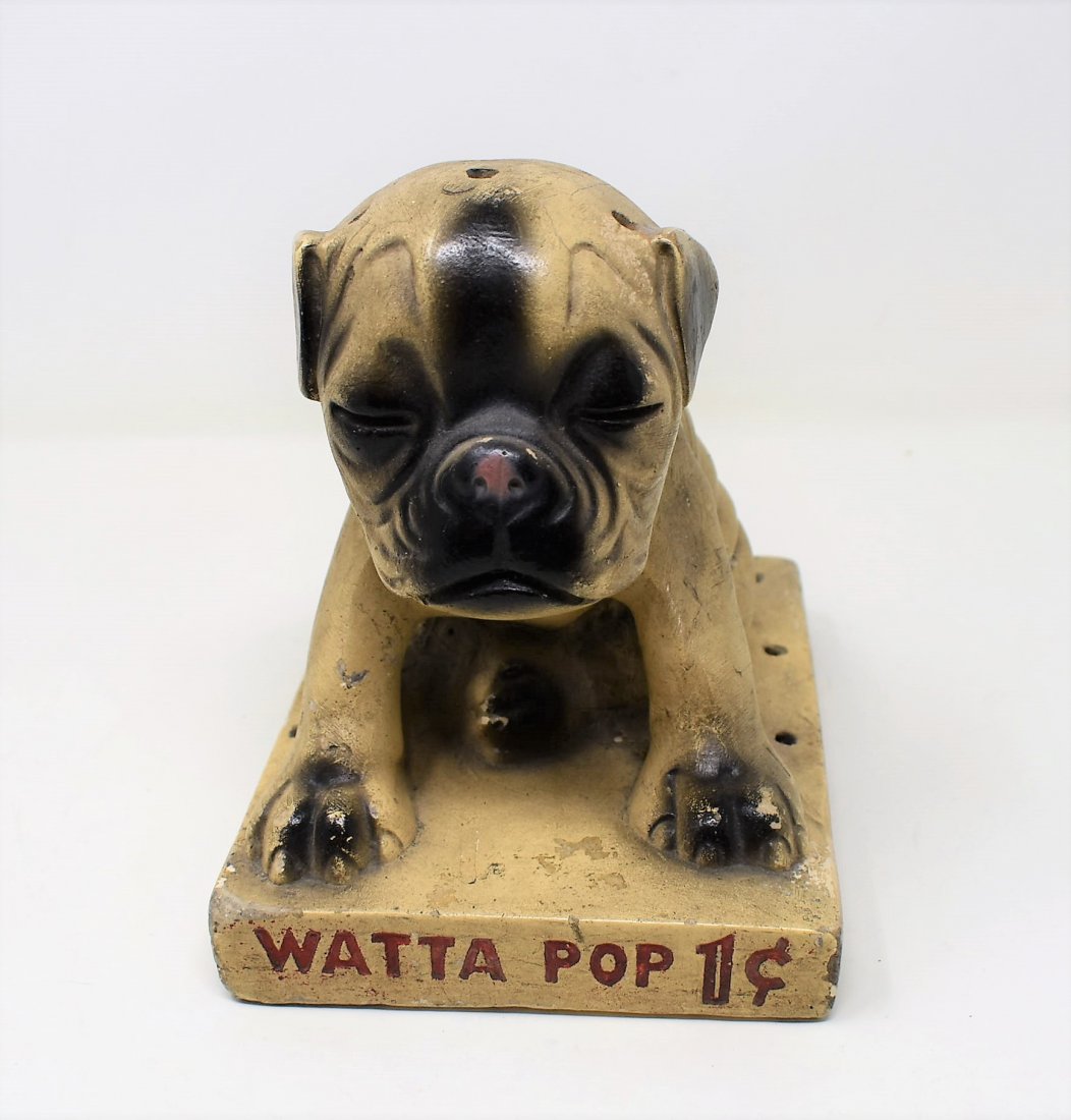 Vintage Watta Pop Chalk Ware Store Counter Display: Vintage Watta Pop Sucker Counter Store Display, Chalk Ware Dog, measures 7.5" tall