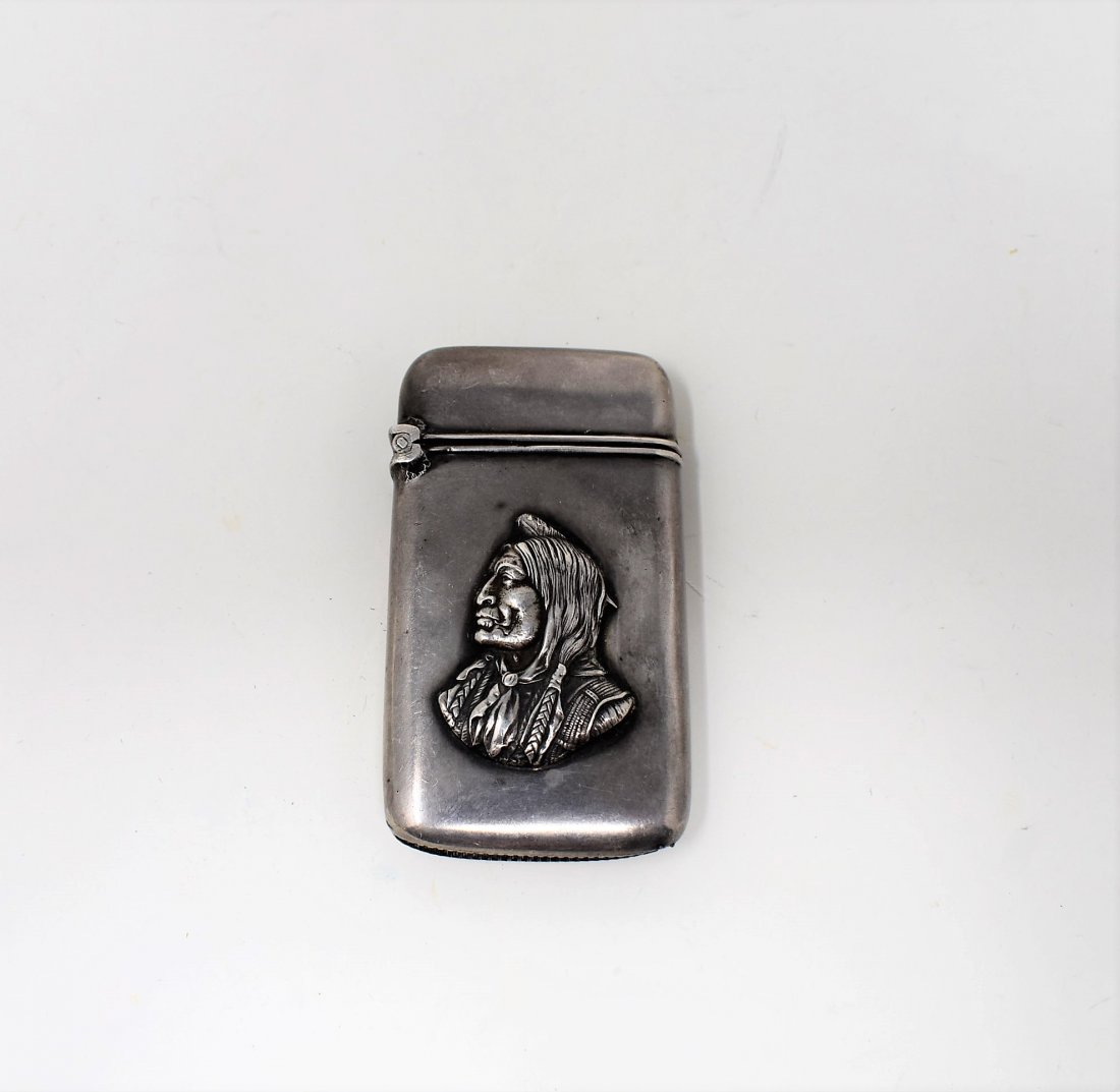 Antique Sterling Silver Indian Match Safe Vesta: Antique Sterling Silver Match Safe/Vesta with an Indian, measures 2.5"