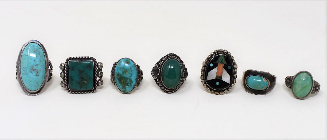Lot of 7 Sterling Silver & Turquoise Rings: A Lot of 7 Sterling Silver and Turquoise Rings, as shown