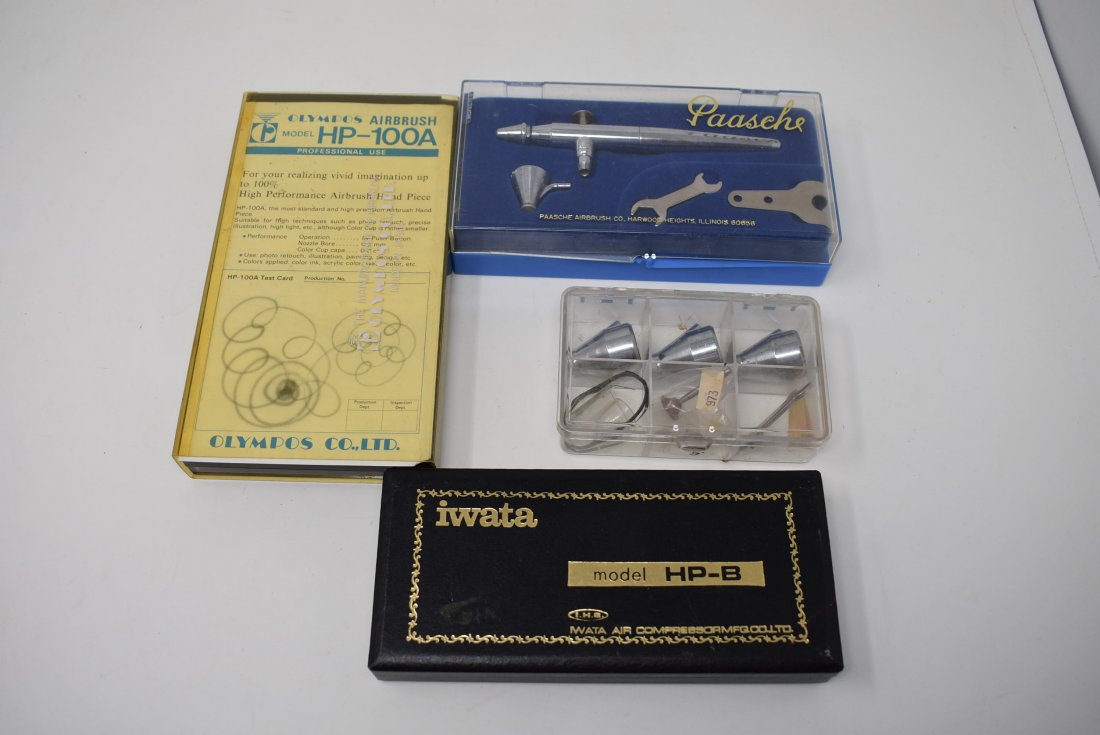Group of Vintage Air Brush Brushes Painting: A Group of 3 Air Brushes and a Tip Kit, as shown