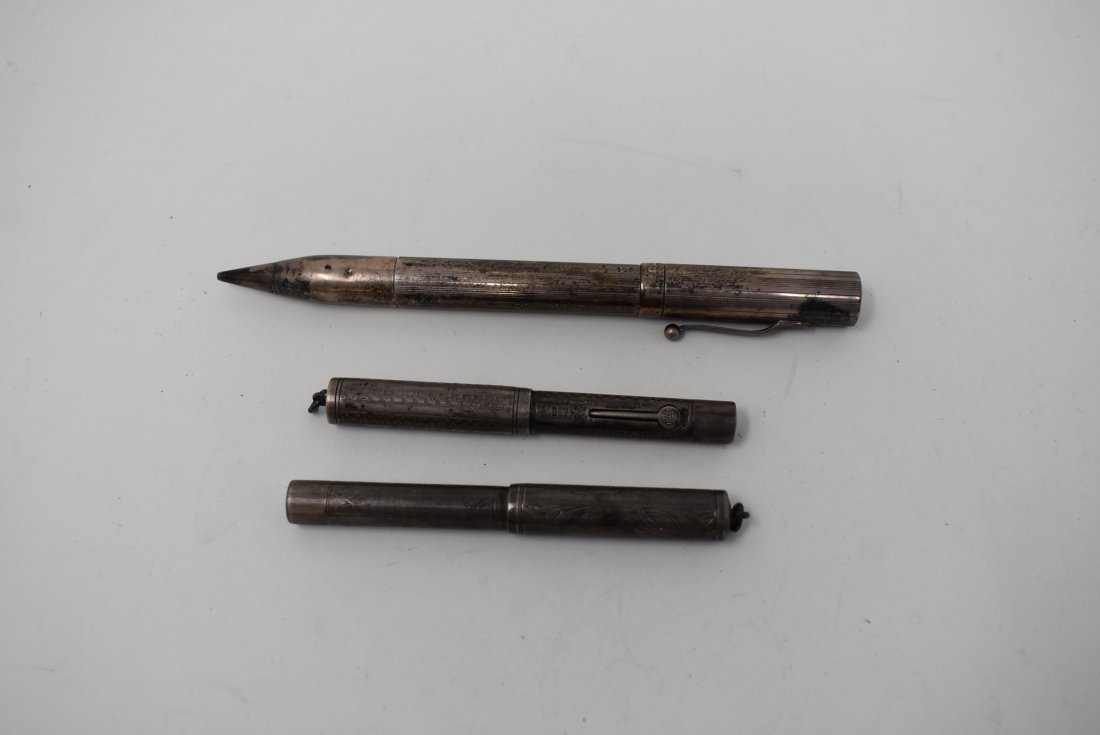 Group of 3 Sterling Silver Fountain Pens Gorham: A Lot of 3 Antique Sterling Silver Fountain Pens including 2-Watermans and a Gorham Fountain Pen/Pencil Dual with 14K nib