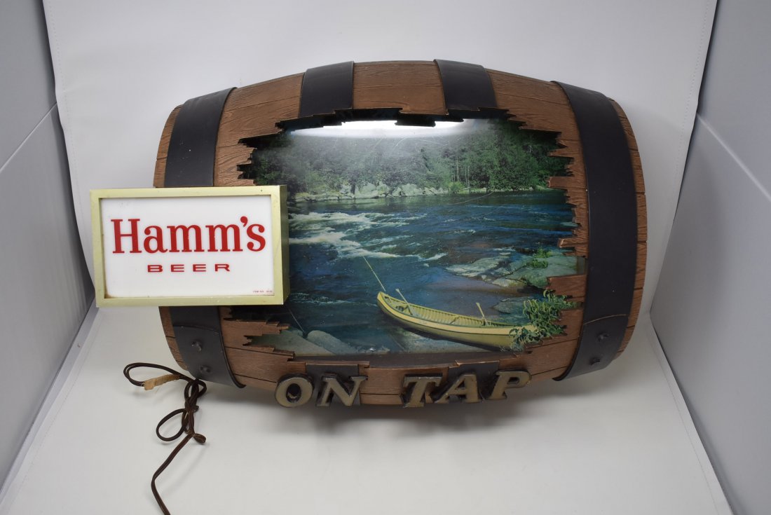 Vintage Hamm's Beer Barrel Bar Light Sign WORKING: Vintage 1960s Hamms Beer Barrel Bar Light Sign, measures 21" x 13"