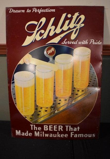 Vintage Schlitz Beer Tin Sign: Vintage 1940's Schlitz Beer Tin Sign, measures 27" x 18"