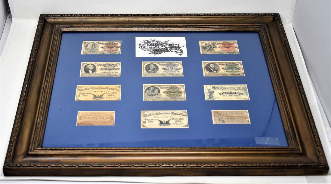 1893 Complete Set of 11 Columbian Exposition Tickets: 1893 Complete Set of 11 The World's Columbian Exposition World's Fair Tickets - Great collection, professionally Matted and Framed and ready to be Hung on your wall - great condition on this piece