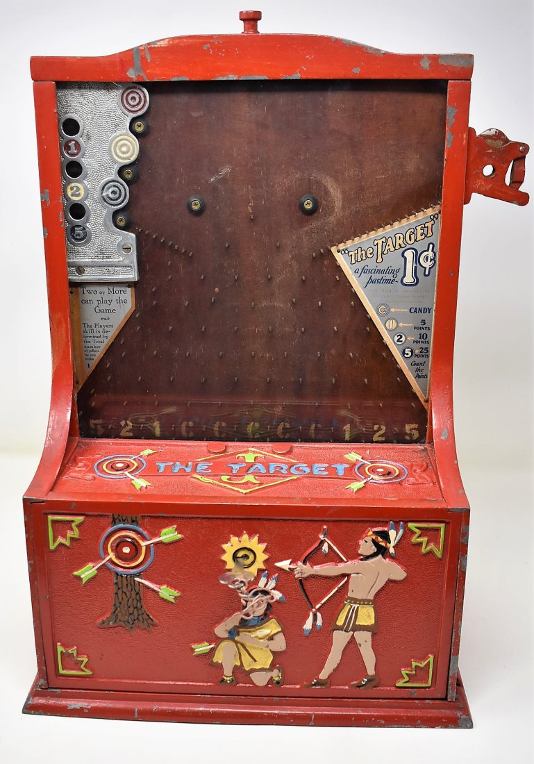 1926 Jennings The Target Western CENT Trade Stimulator: 1926 Jennings Western Theme "The Target" 1 CENT (PENNY) Trade Stimulator - Iron Case with nice looking paint job (although some paint is missing, See photos) this piece is in working condition. this i